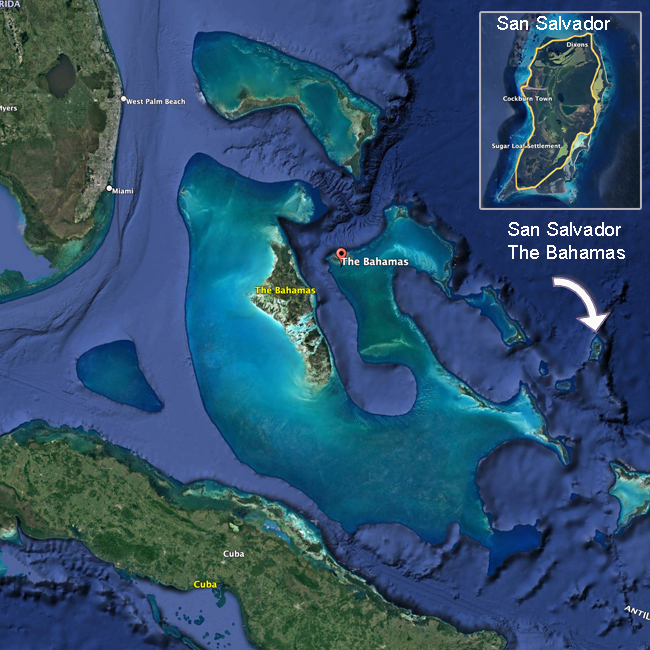Map showing where San Salvador is in The Bahamas