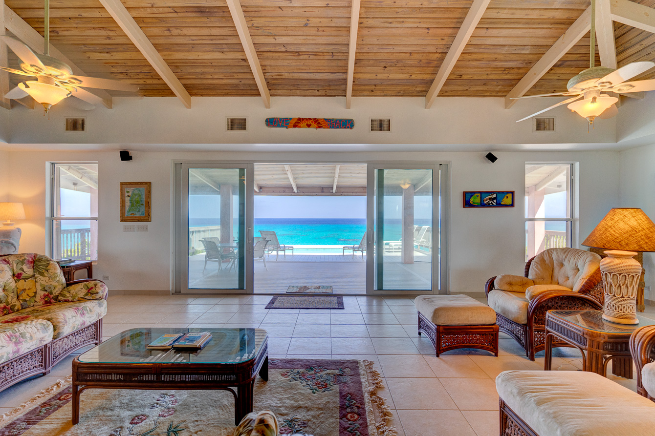 The livingroom at The Family Beach House on San Salvador