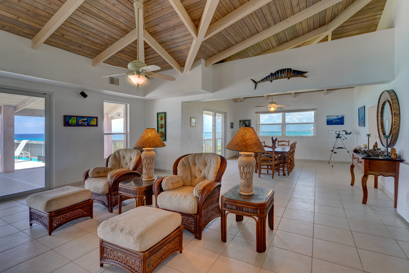 The livingroom at The Family Beach House on San Salvador