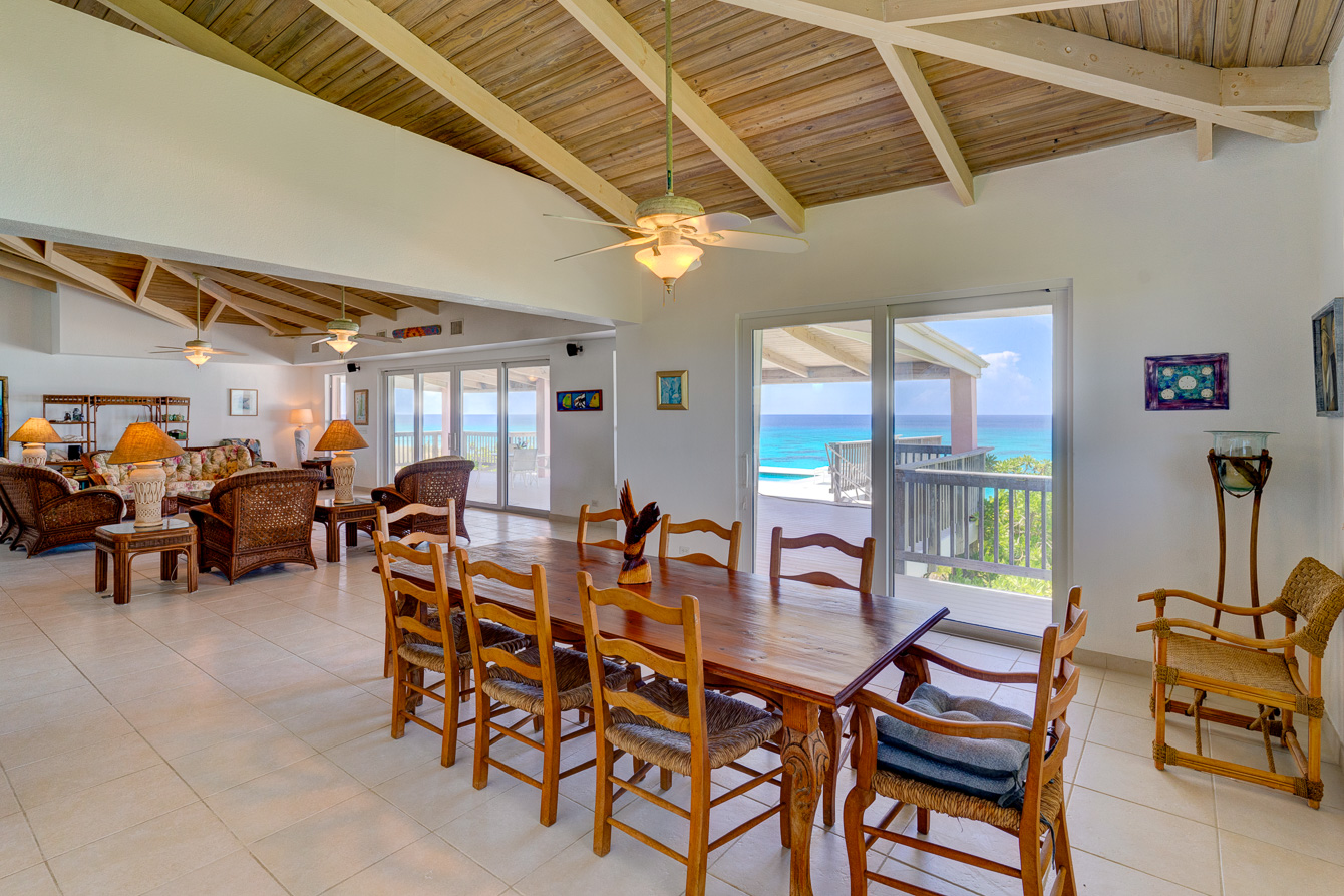 The dining room at The Family Beach House on San Salvador