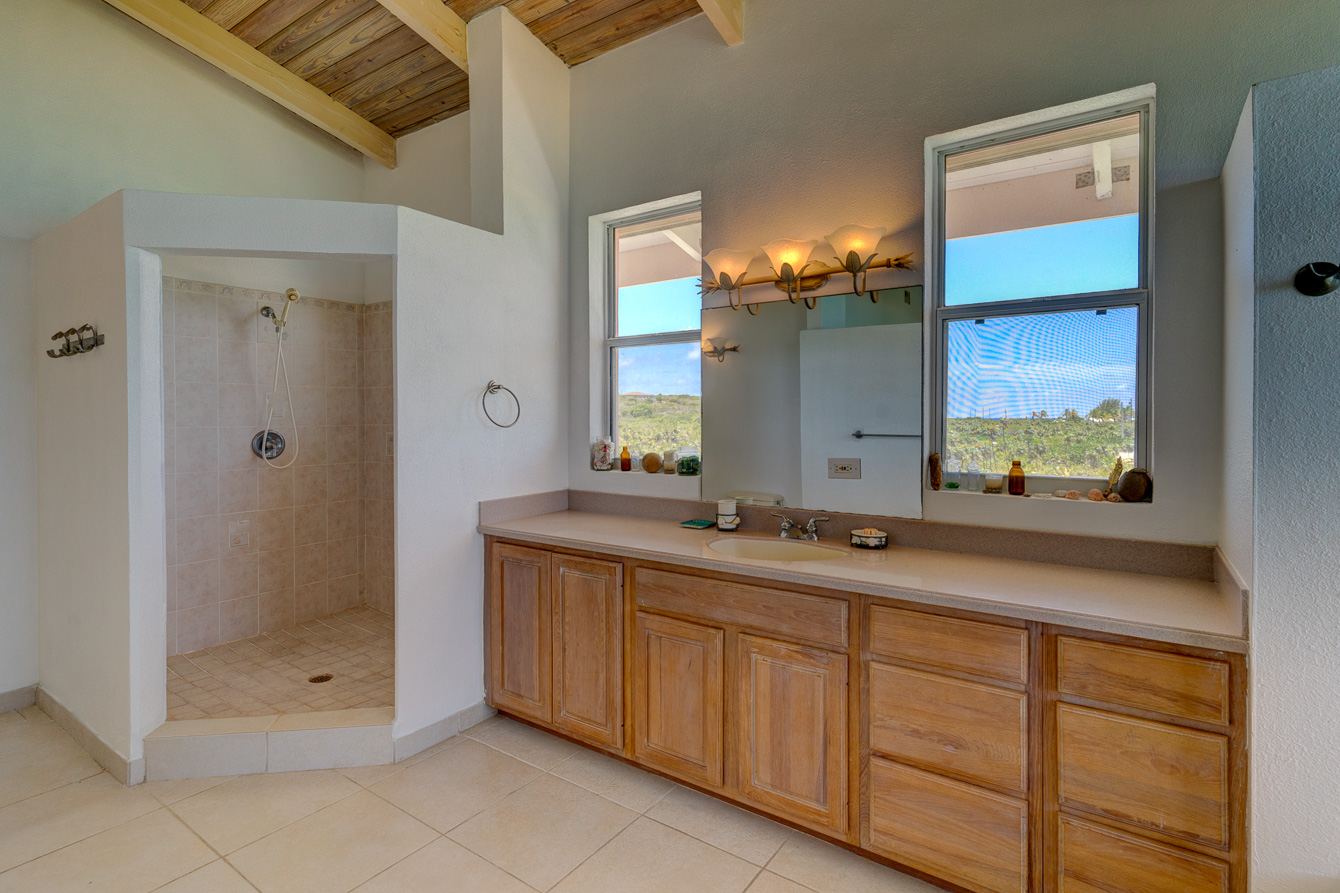 The master bathroom at The Family Beach House on San Salvador