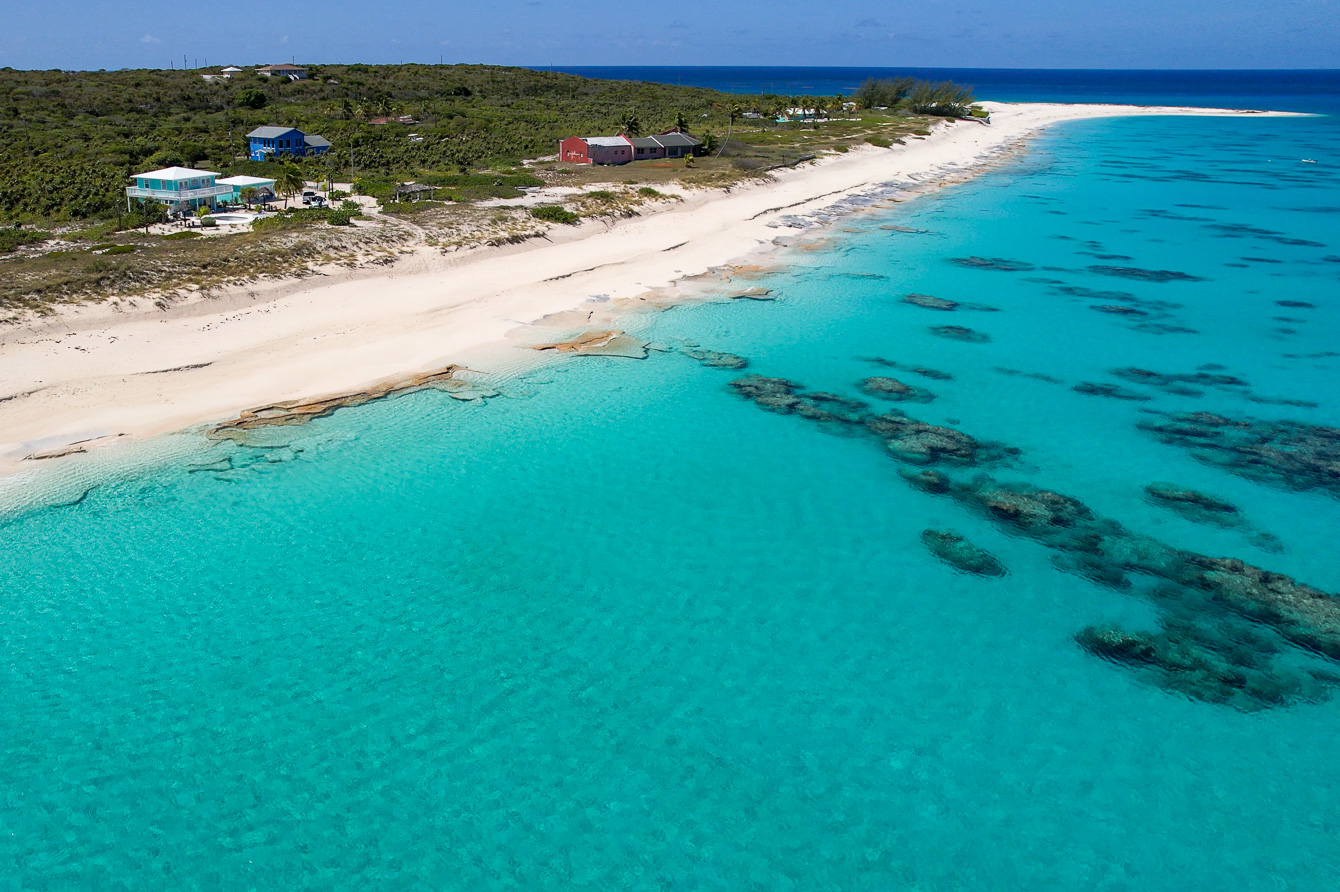 Aerial looking south by The Family Beach House on San Salvador