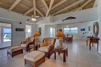 The livingroom at The Family Beach House on San Salvador